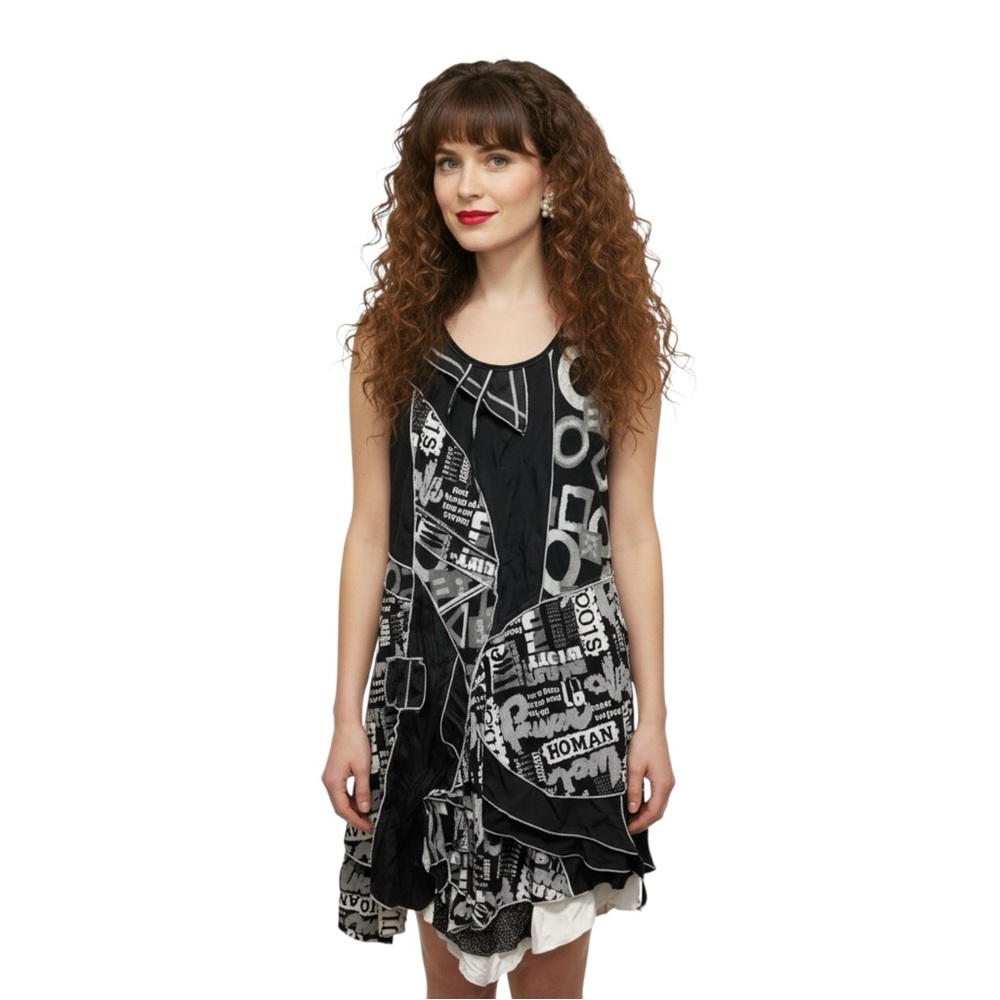 GOA Graphic Patchwork Newspaper Print Dress | Asymmetrical Hem | Size 16